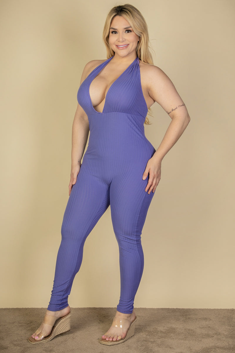 Plus Size Halter V Neck Ribbed Bodycon Jumpsuit (CAPELLA)