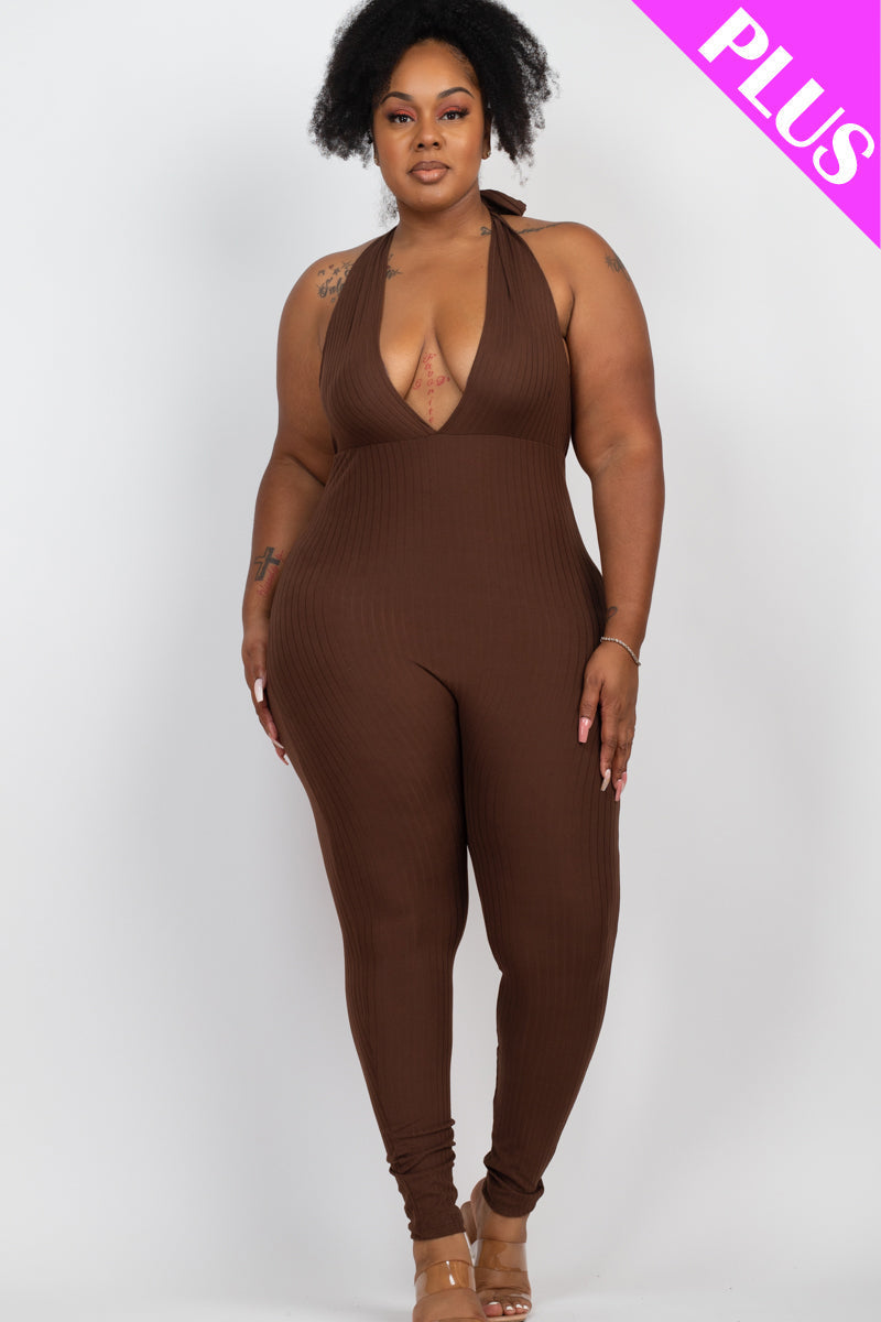 Plus Size Halter V Neck Ribbed Bodycon Jumpsuit (CAPELLA)