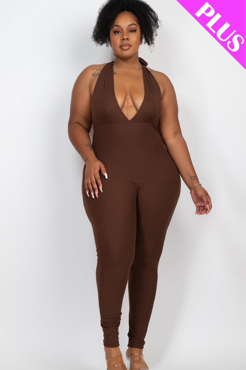 Plus Size Halter V Neck Ribbed Bodycon Jumpsuit (CAPELLA)