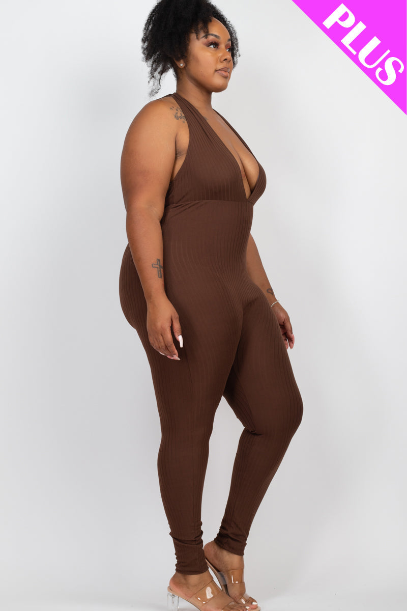 Plus Size Halter V Neck Ribbed Bodycon Jumpsuit (CAPELLA)