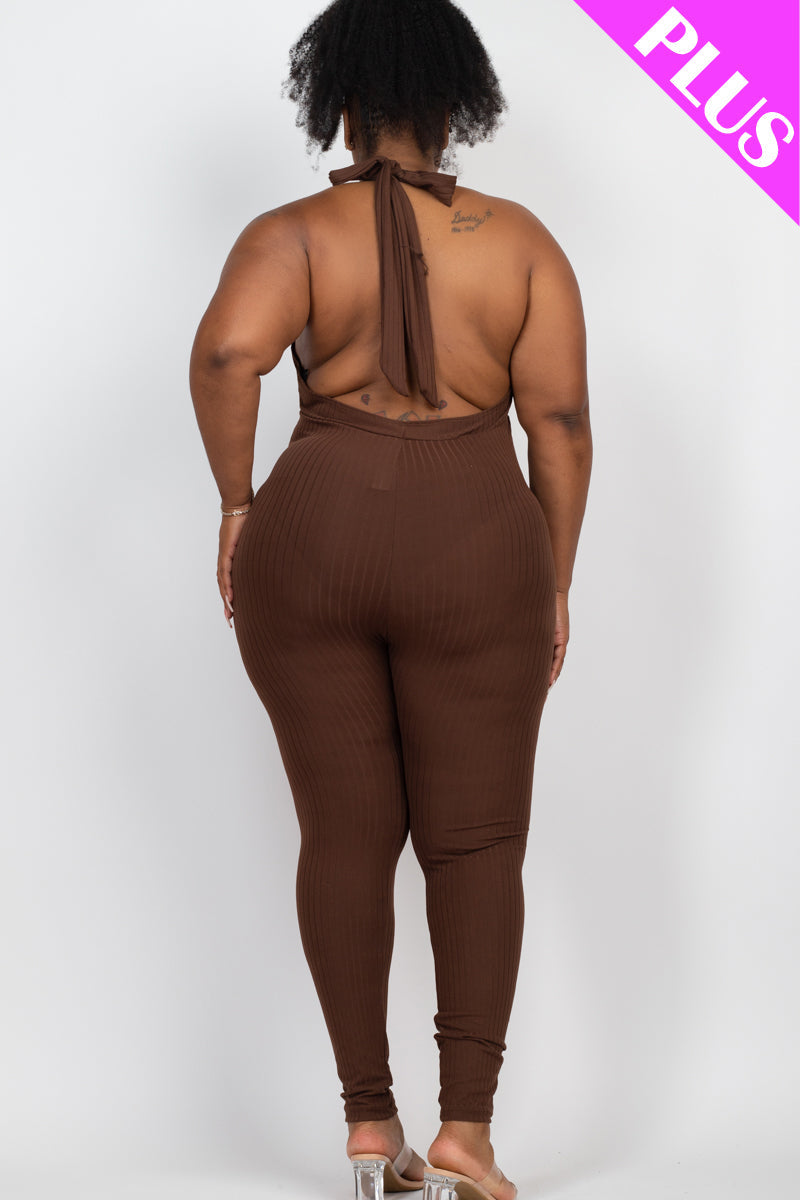 Plus Size Halter V Neck Ribbed Bodycon Jumpsuit (CAPELLA)