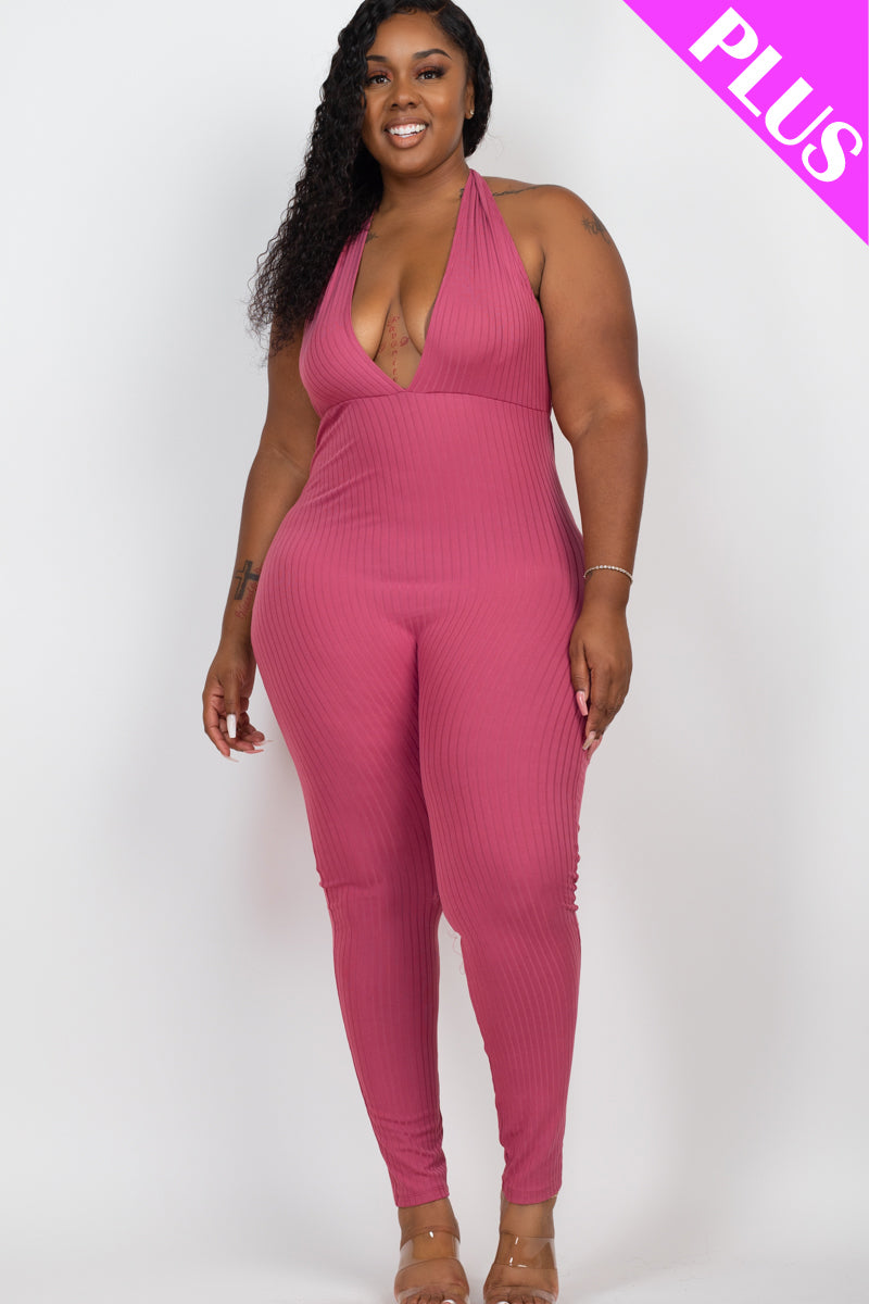Plus Size Halter V Neck Ribbed Bodycon Jumpsuit (CAPELLA)