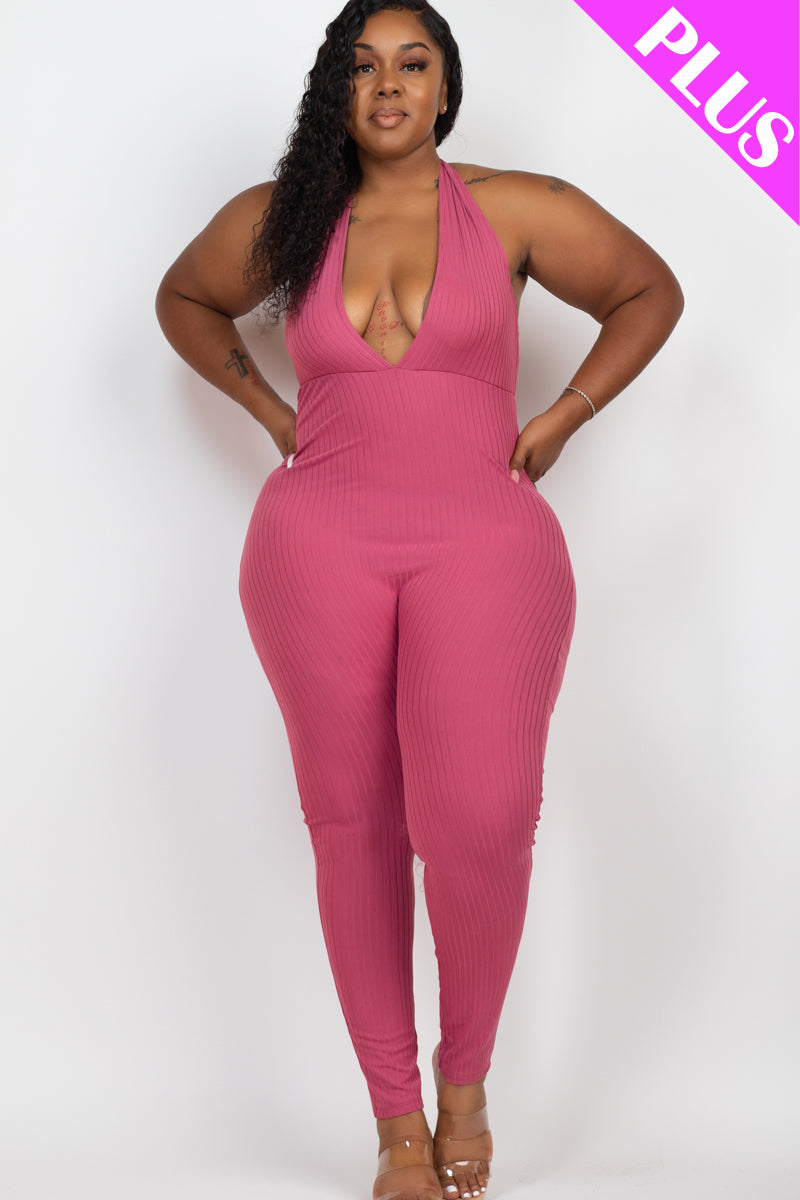 Plus Size Halter V Neck Ribbed Bodycon Jumpsuit (CAPELLA)