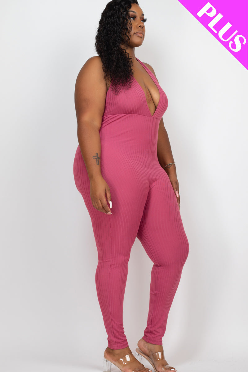 Plus Size Halter V Neck Ribbed Bodycon Jumpsuit (CAPELLA)