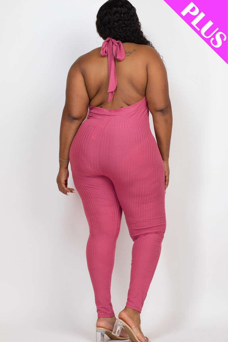 Plus Size Halter V Neck Ribbed Bodycon Jumpsuit (CAPELLA)