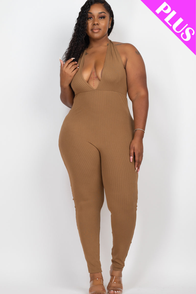 Plus Size Halter V Neck Ribbed Bodycon Jumpsuit (CAPELLA)