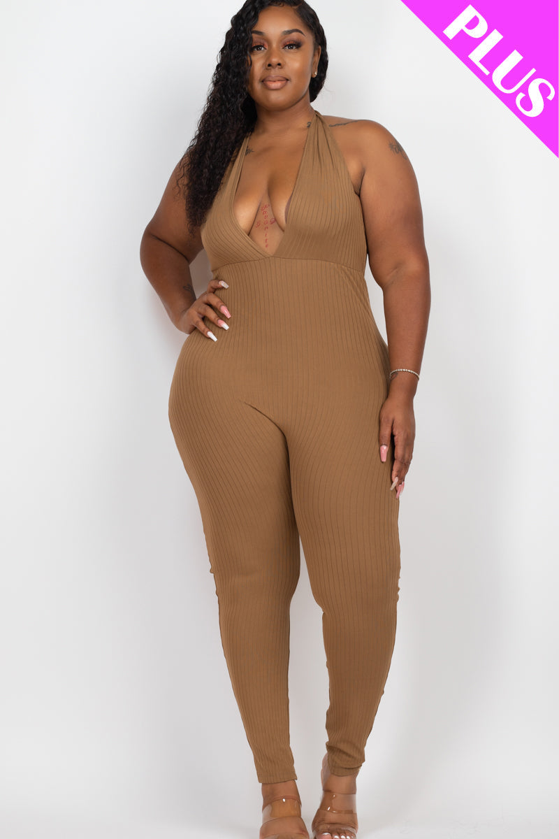 Plus Size Halter V Neck Ribbed Bodycon Jumpsuit (CAPELLA)