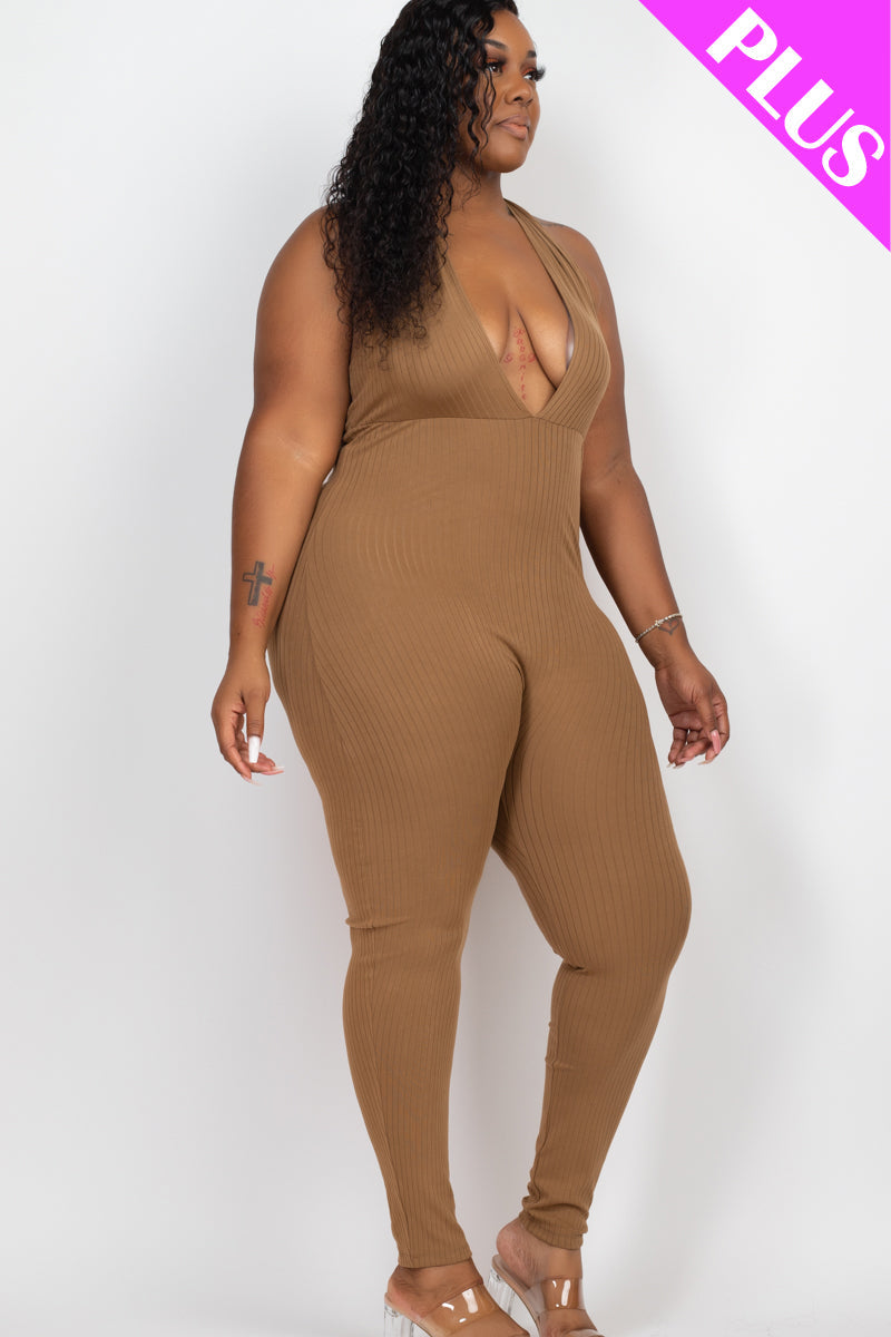 Plus Size Halter V Neck Ribbed Bodycon Jumpsuit (CAPELLA)