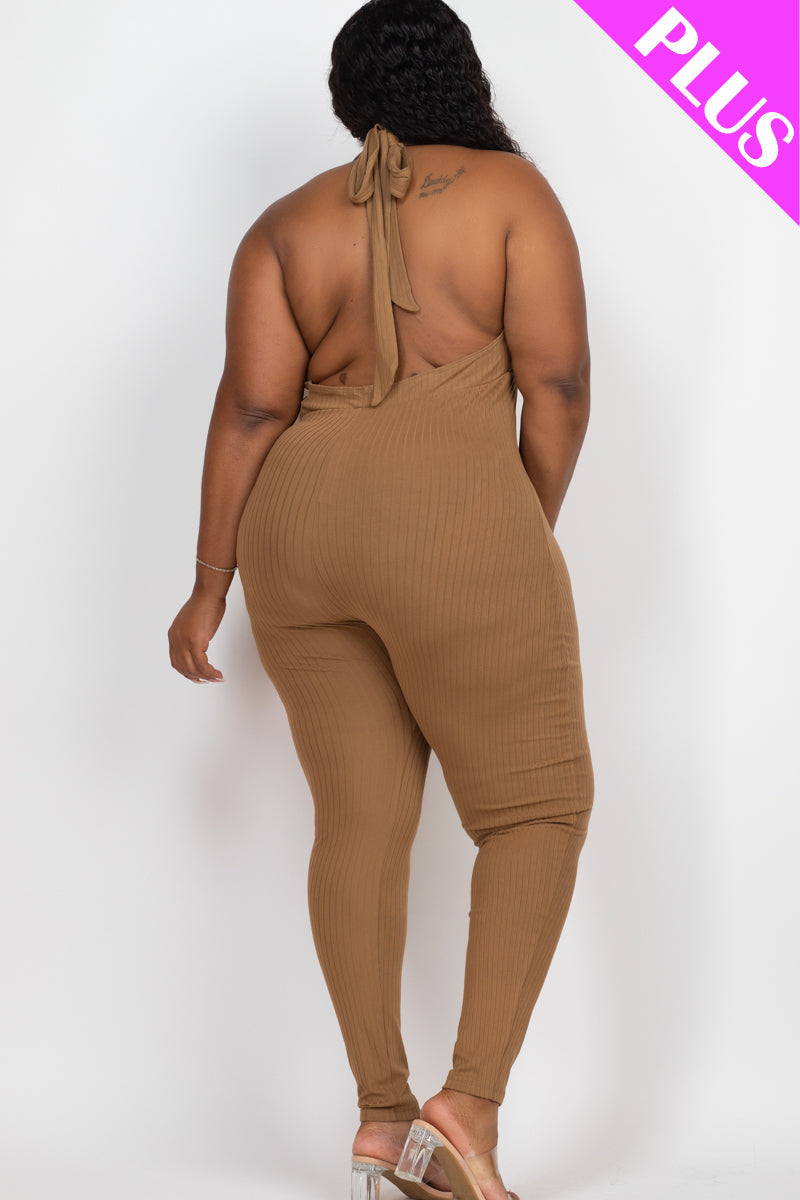 Plus Size Halter V Neck Ribbed Bodycon Jumpsuit (CAPELLA)