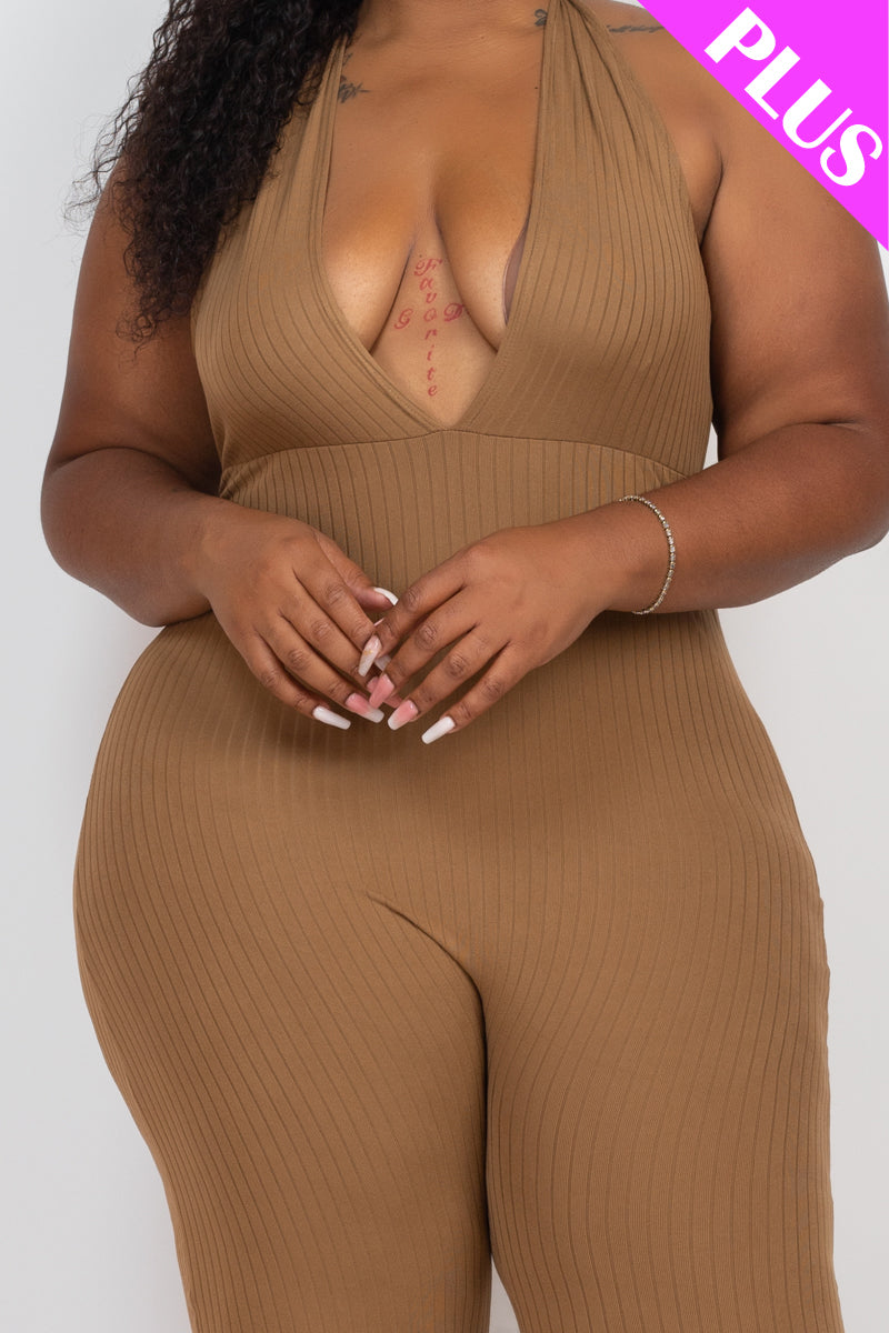 Plus Size Halter V Neck Ribbed Bodycon Jumpsuit (CAPELLA)