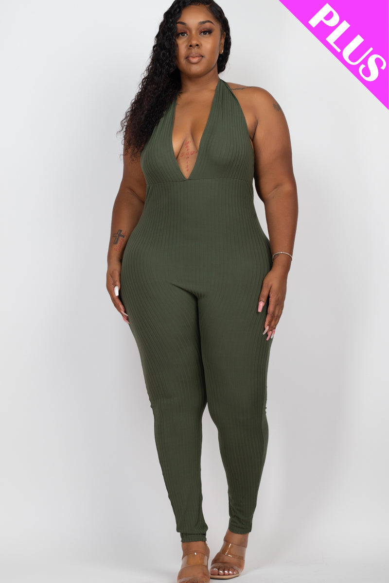 Plus Size Halter V Neck Ribbed Bodycon Jumpsuit (CAPELLA)