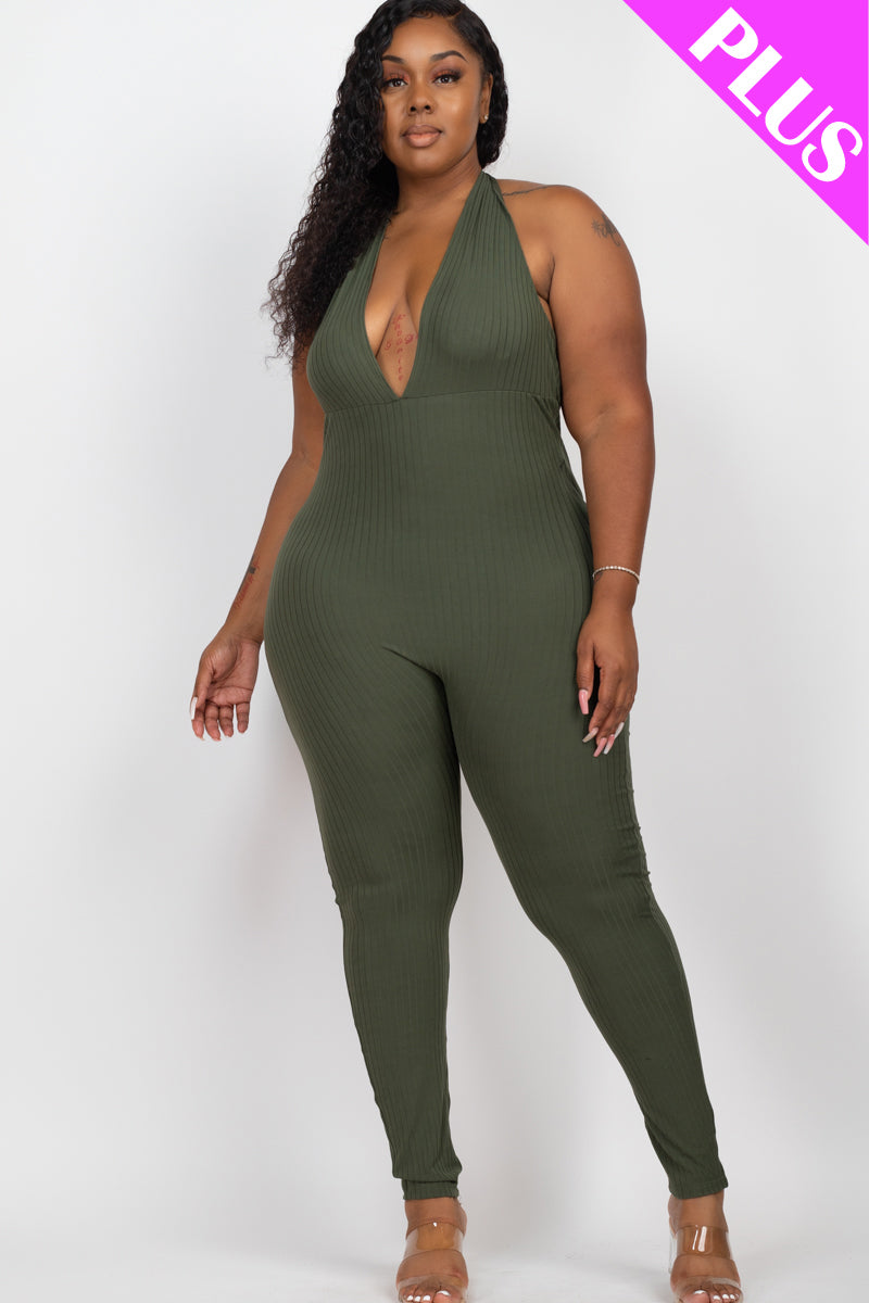 Plus Size Halter V Neck Ribbed Bodycon Jumpsuit (CAPELLA)