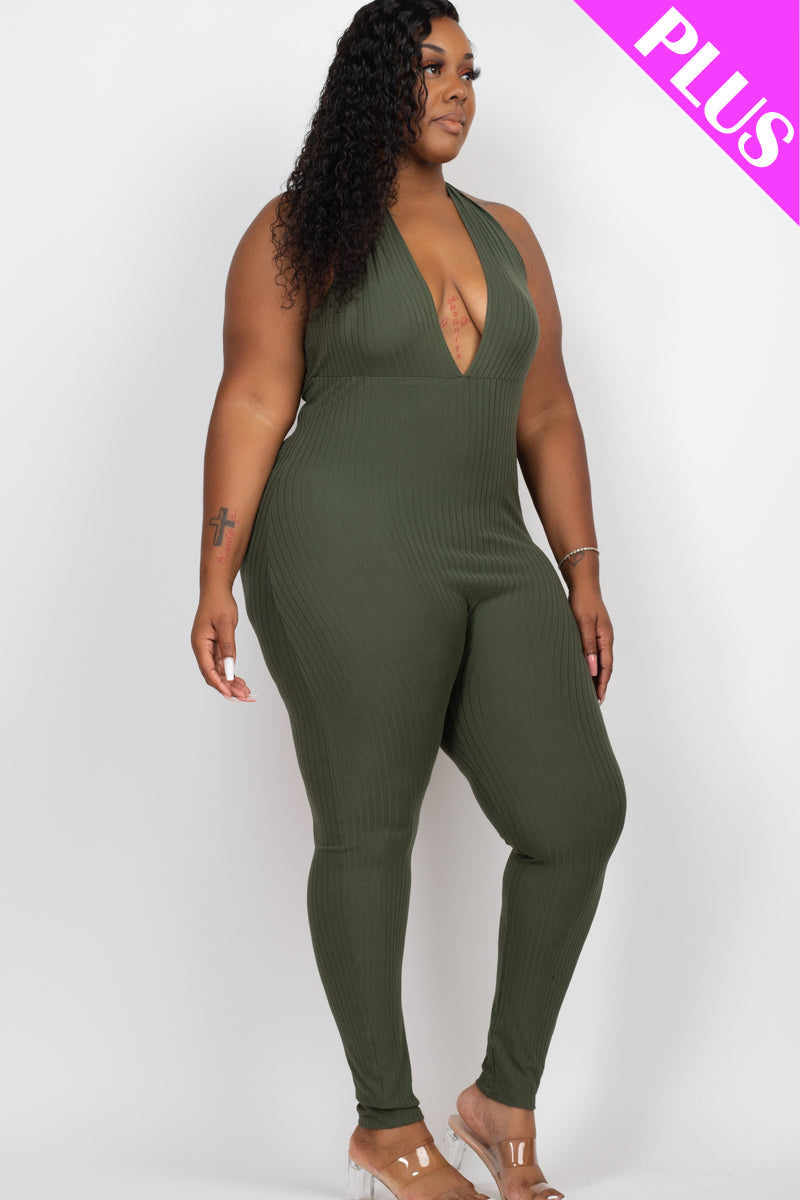 Plus Size Halter V Neck Ribbed Bodycon Jumpsuit (CAPELLA)