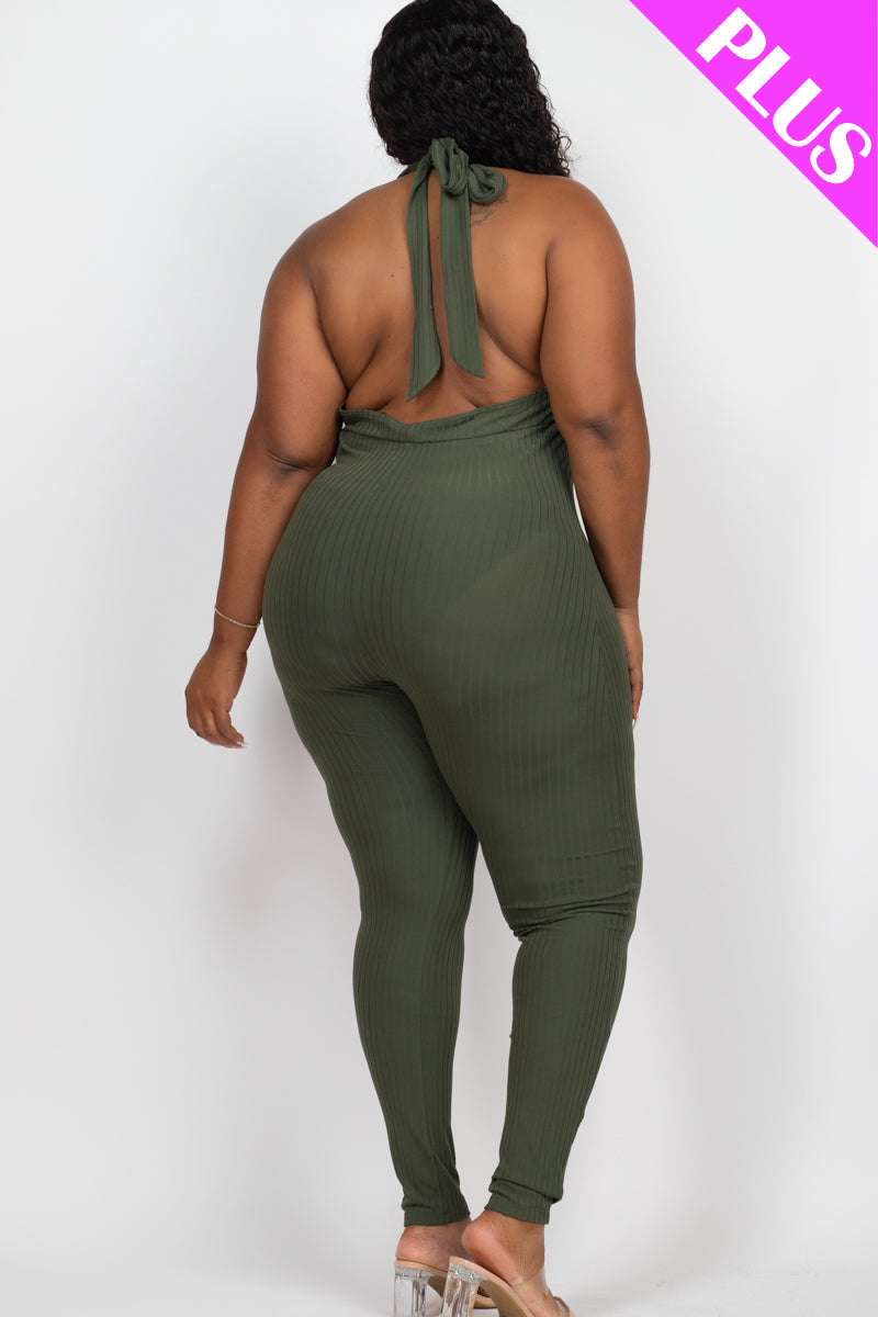 Plus Size Halter V Neck Ribbed Bodycon Jumpsuit (CAPELLA)