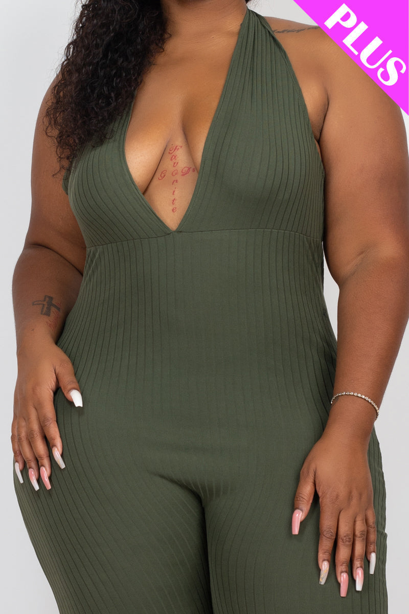 Plus Size Halter V Neck Ribbed Bodycon Jumpsuit (CAPELLA)