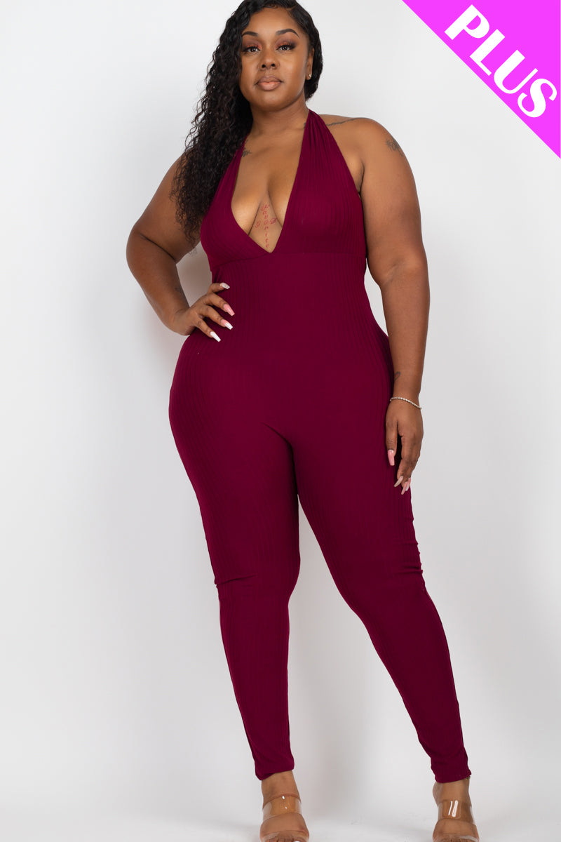 Plus Size Halter V Neck Ribbed Bodycon Jumpsuit (CAPELLA)