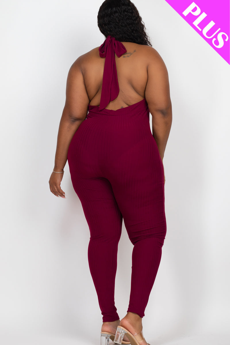 Plus Size Halter V Neck Ribbed Bodycon Jumpsuit (CAPELLA)