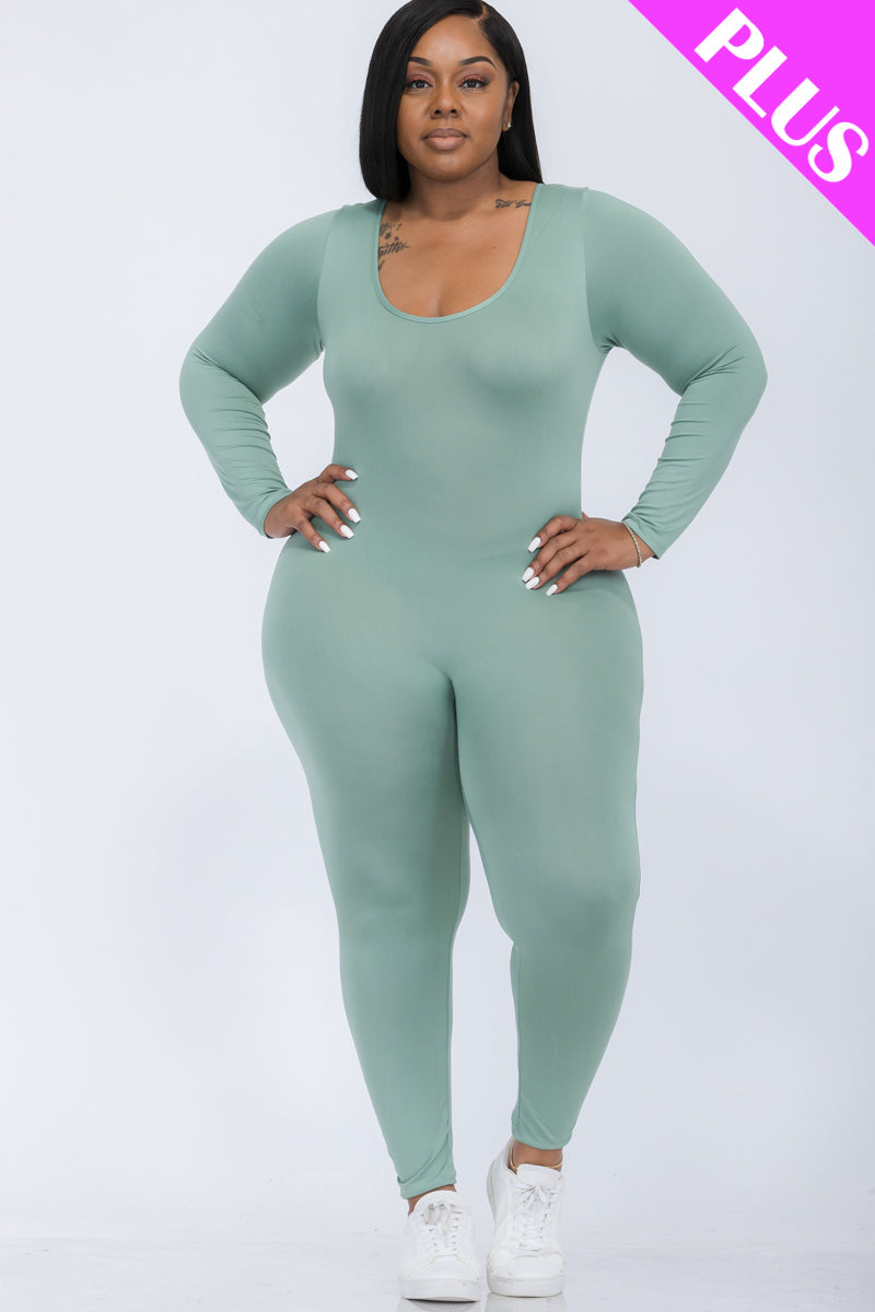 Plus Size Scoop Neck Long Sleeve Bodycon Jumpsuit (CAPELLA)