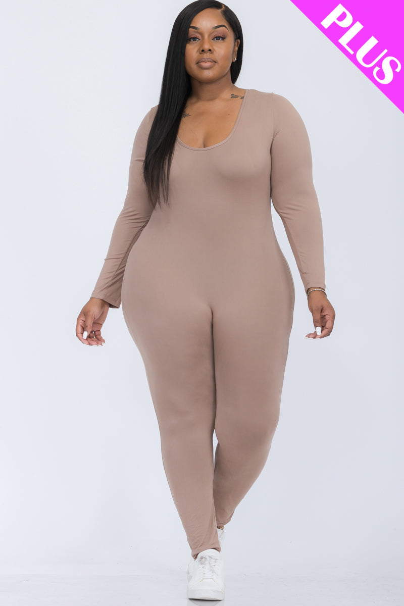 Plus Size Scoop Neck Long Sleeve Bodycon Jumpsuit (CAPELLA)