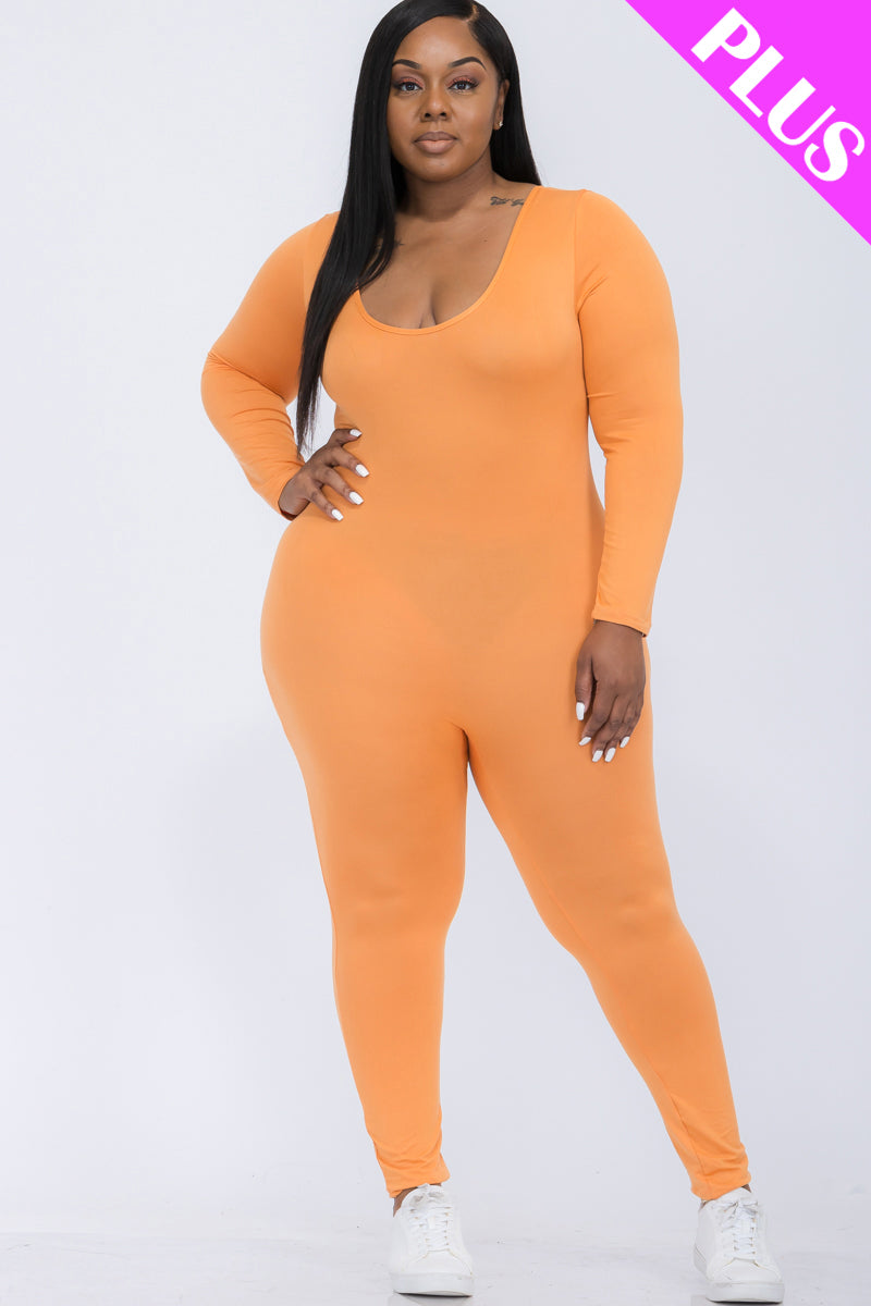 Plus Size Scoop Neck Long Sleeve Bodycon Jumpsuit (CAPELLA)