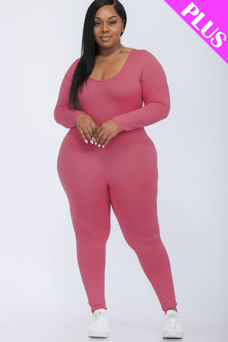 Plus Size Scoop Neck Long Sleeve Bodycon Jumpsuit (CAPELLA)