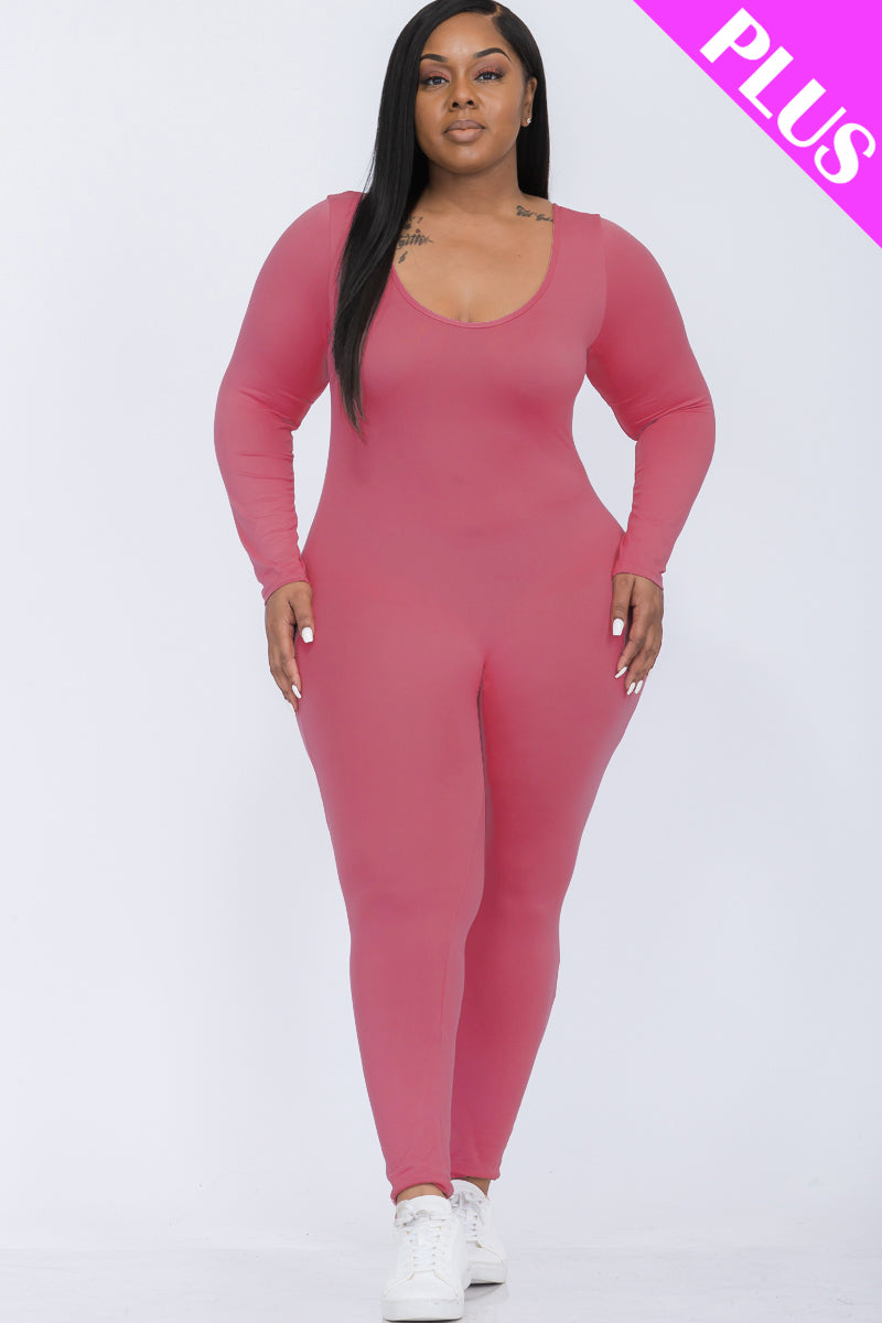 Plus Size Scoop Neck Long Sleeve Bodycon Jumpsuit (CAPELLA)
