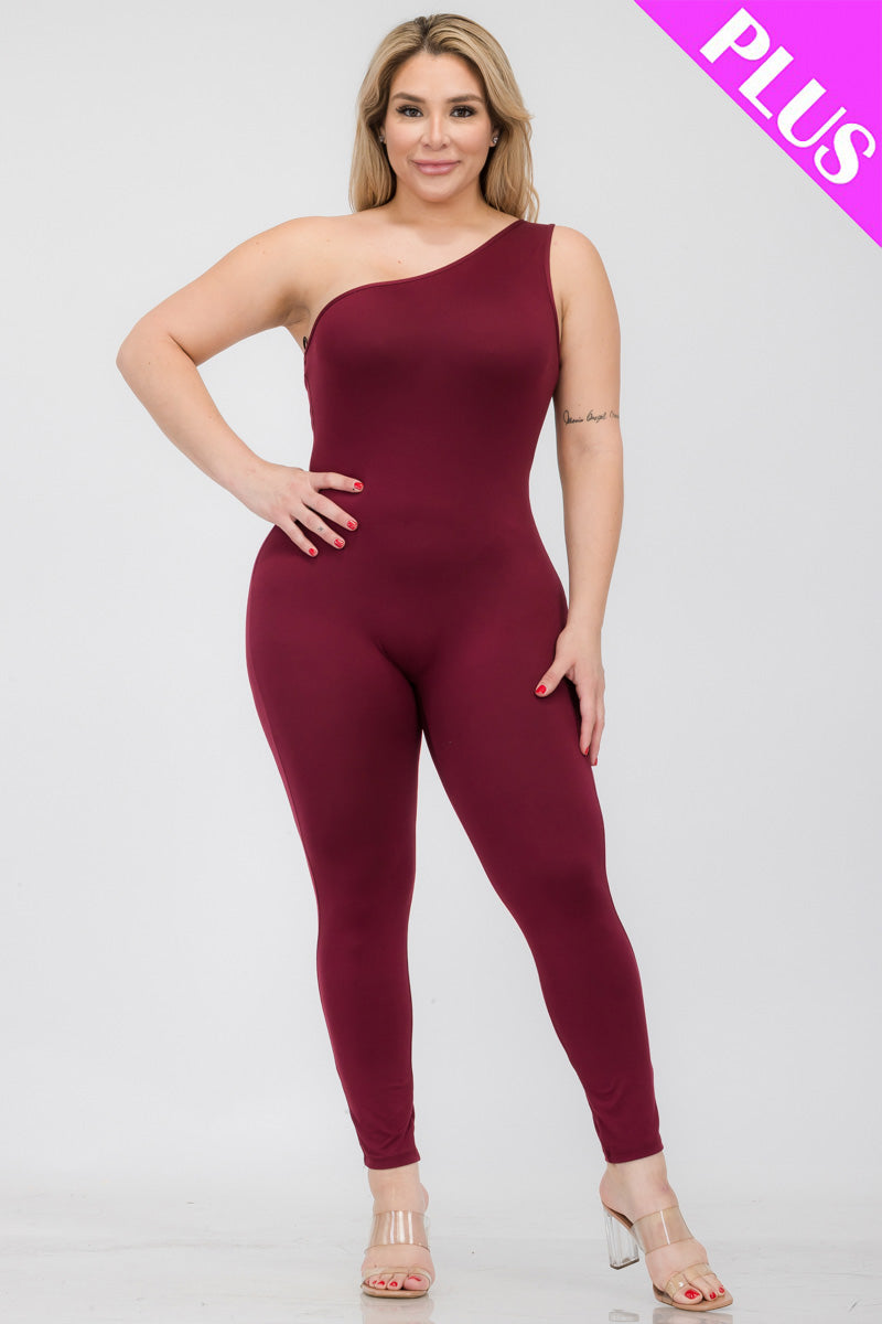 Plus Size Solid Color One Shoulder Jumpsuit (CAPELLA)