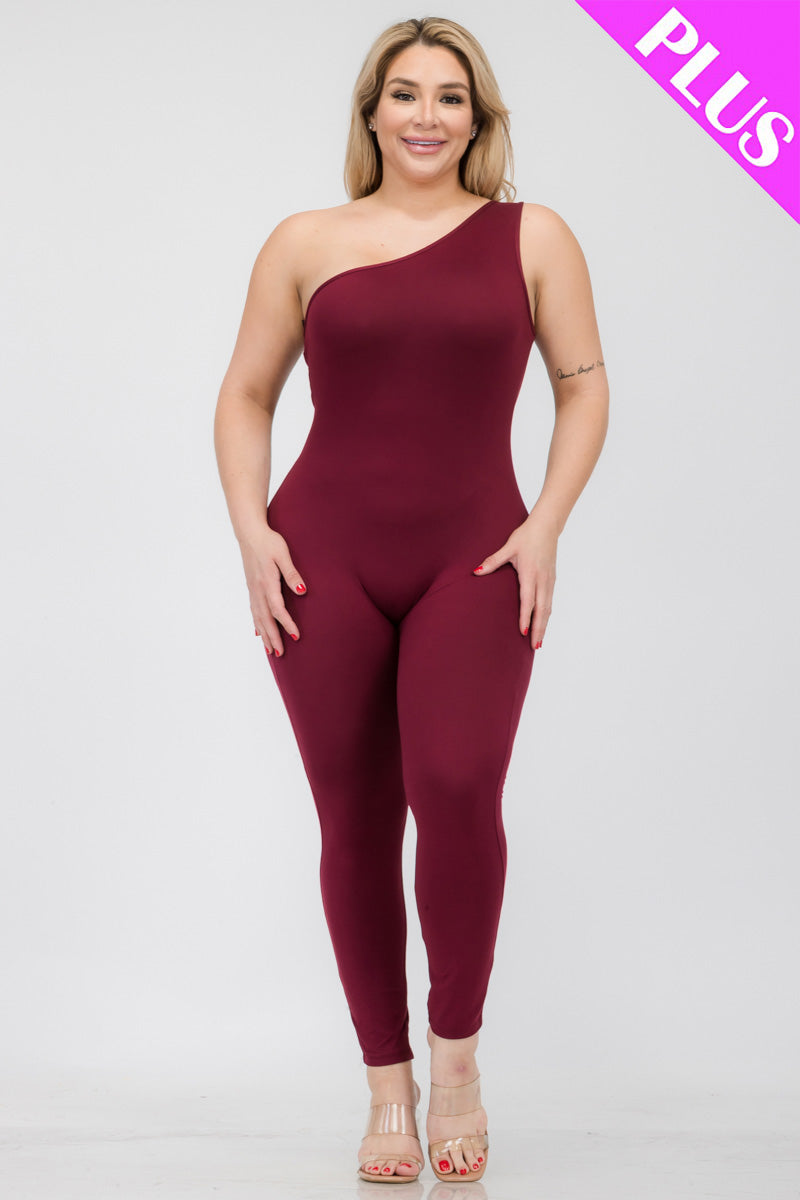 Plus Size Solid Color One Shoulder Jumpsuit (CAPELLA)
