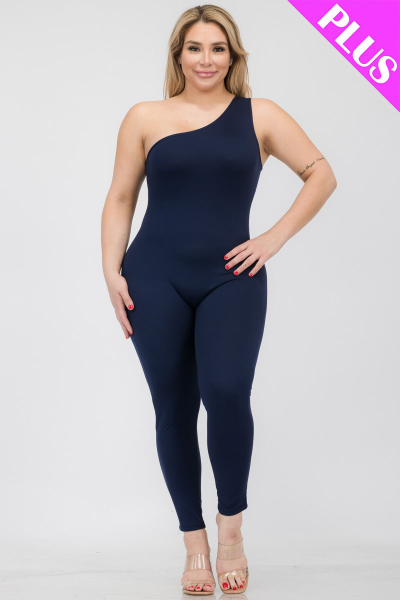 Plus Size Solid Color One Shoulder Jumpsuit (CAPELLA)