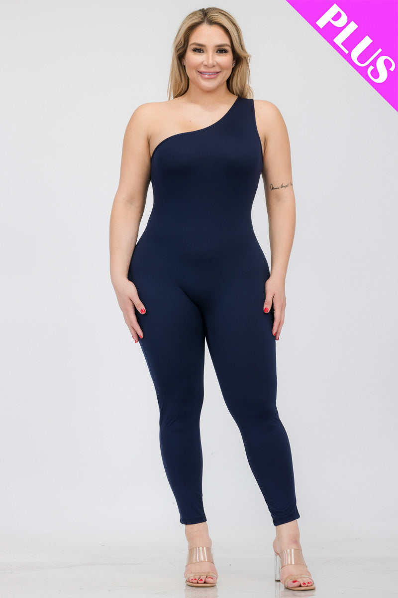 Plus Size Solid Color One Shoulder Jumpsuit (CAPELLA)