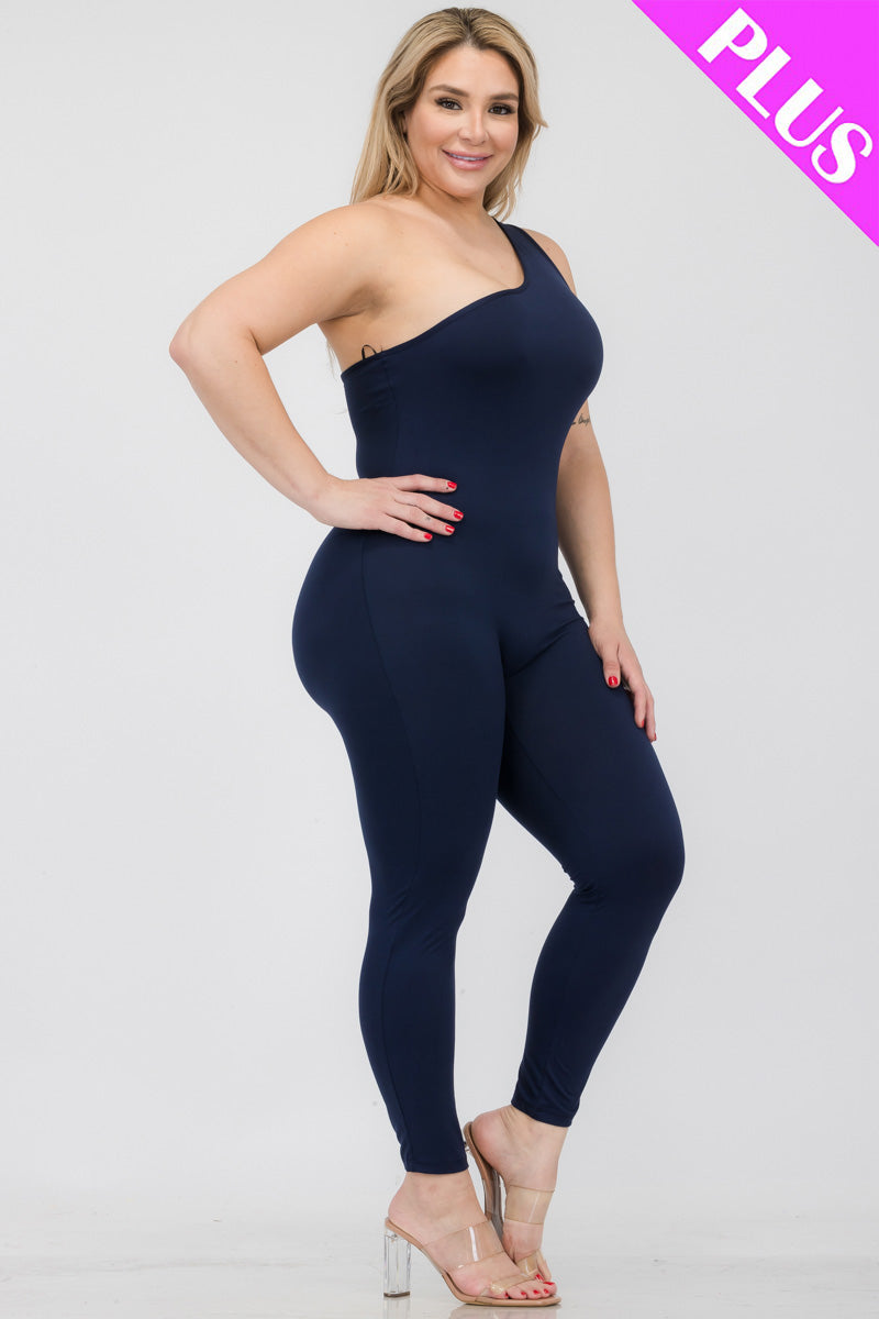 Plus Size Solid Color One Shoulder Jumpsuit (CAPELLA)