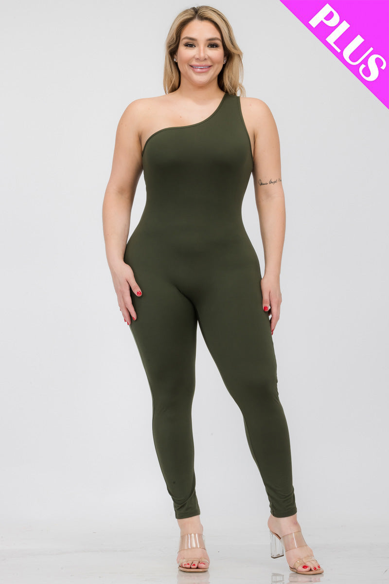 Plus Size Solid Color One Shoulder Jumpsuit (CAPELLA)