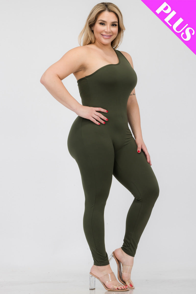 Plus Size Solid Color One Shoulder Jumpsuit (CAPELLA)