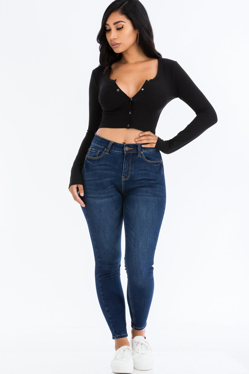 Ribbed Long Sleeve Snap Button Down Crop Top (CAPELLA)