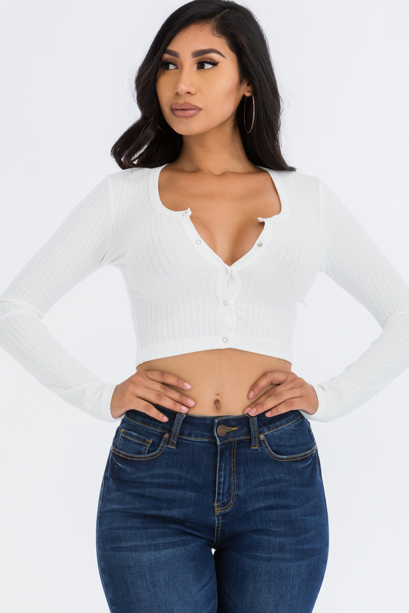 Ribbed Long Sleeve Snap Button Down Crop Top (CAPELLA)