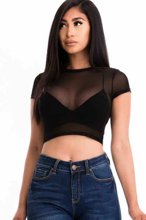 Sexy Mesh Sheer Short Sleeve Crop Top (CAPELLA)