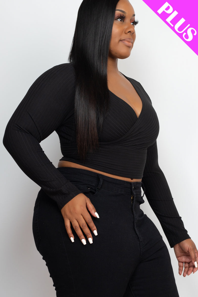 Plus Size Ribbed Wrap Front Long Sleeve Top (CAPELLA)