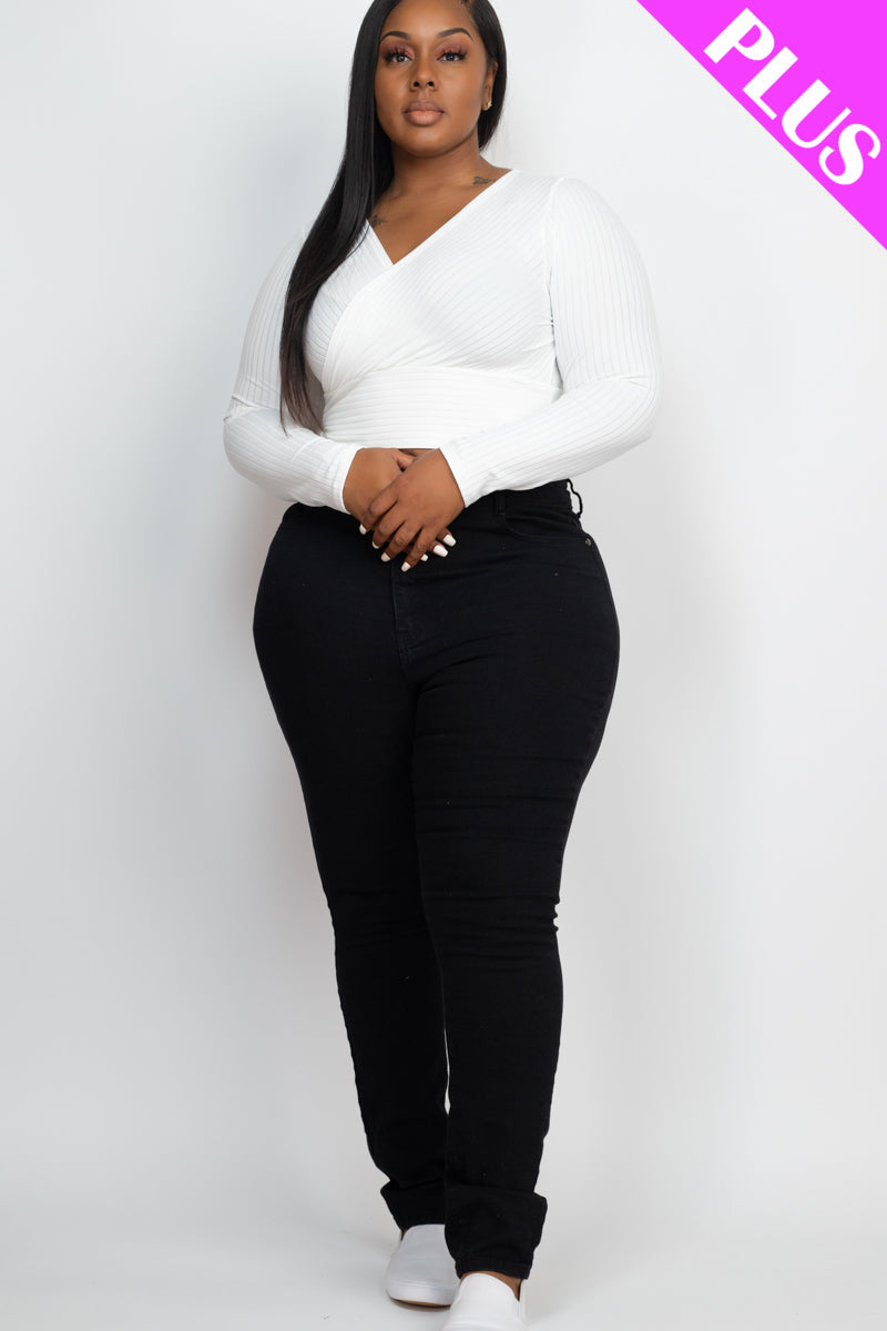 Plus Size Ribbed Wrap Front Long Sleeve Top (CAPELLA)