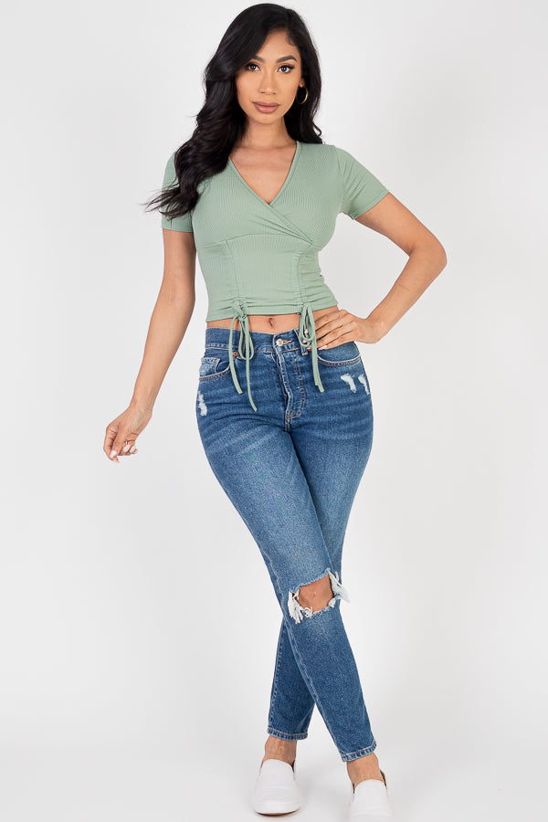 Ribbed Ruched Drawstring Surplice Top (CAPELLA)