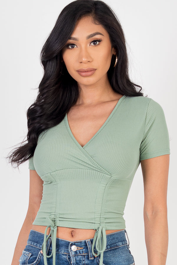Ribbed Ruched Drawstring Surplice Top (CAPELLA)