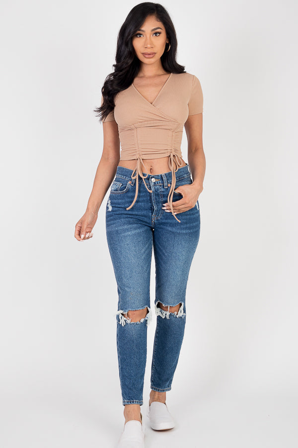 Ribbed Ruched Drawstring Surplice Top (CAPELLA)