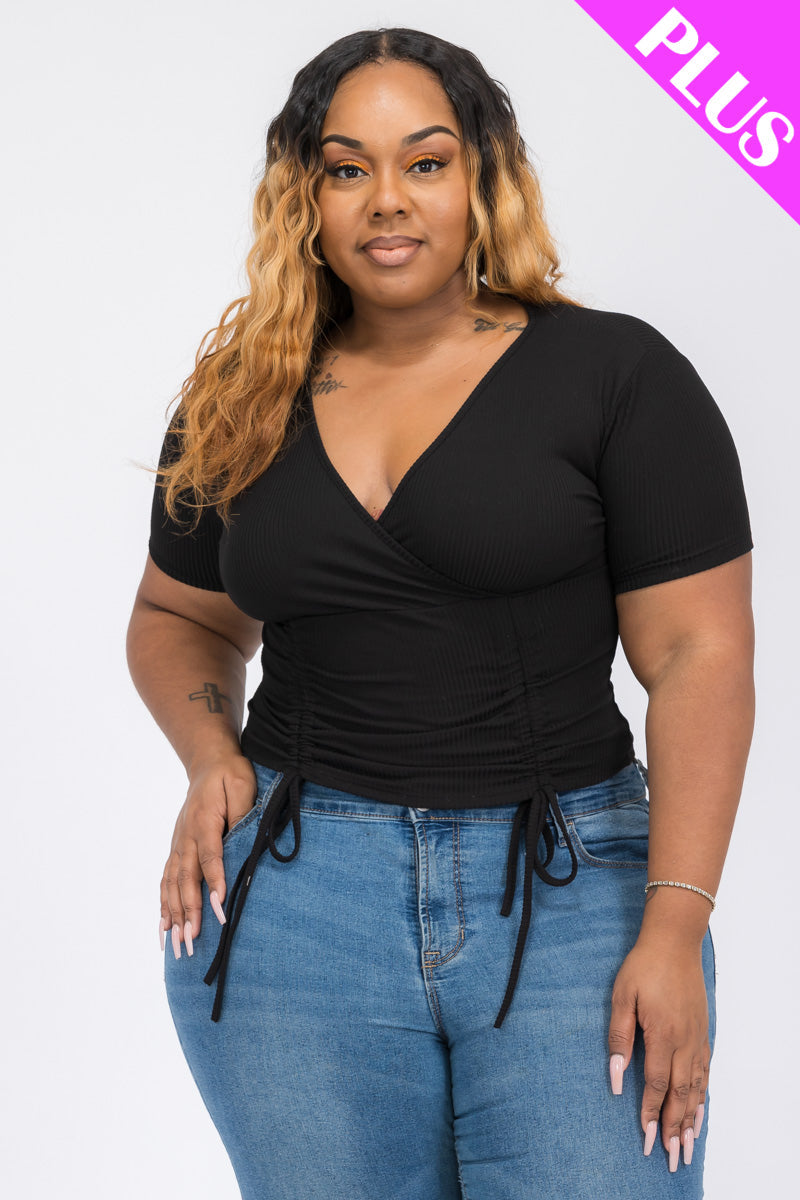 Plus Size Ribbed Ruched Drawstring Surplice Top (CAPELLA)