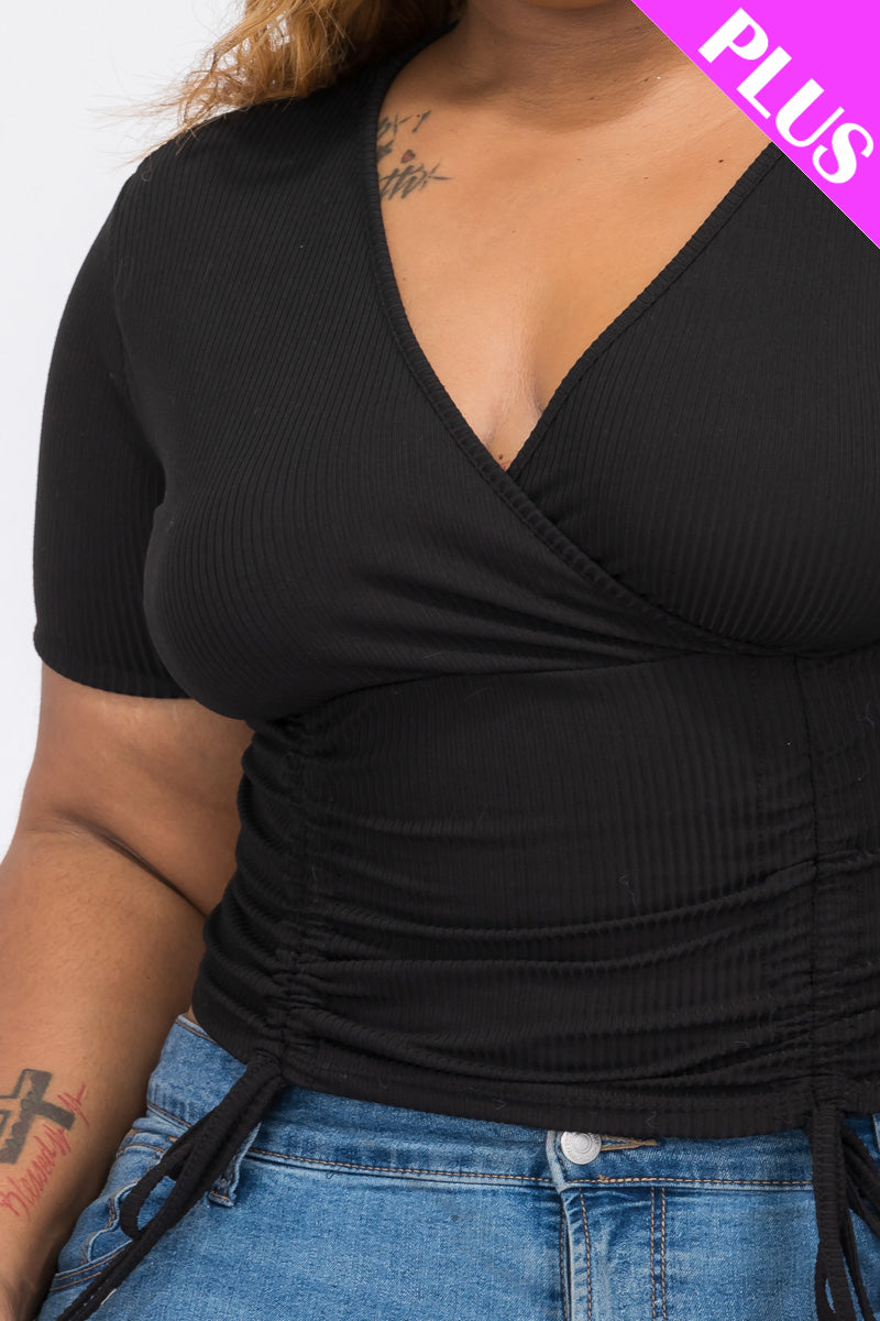 Plus Size Ribbed Ruched Drawstring Surplice Top (CAPELLA)