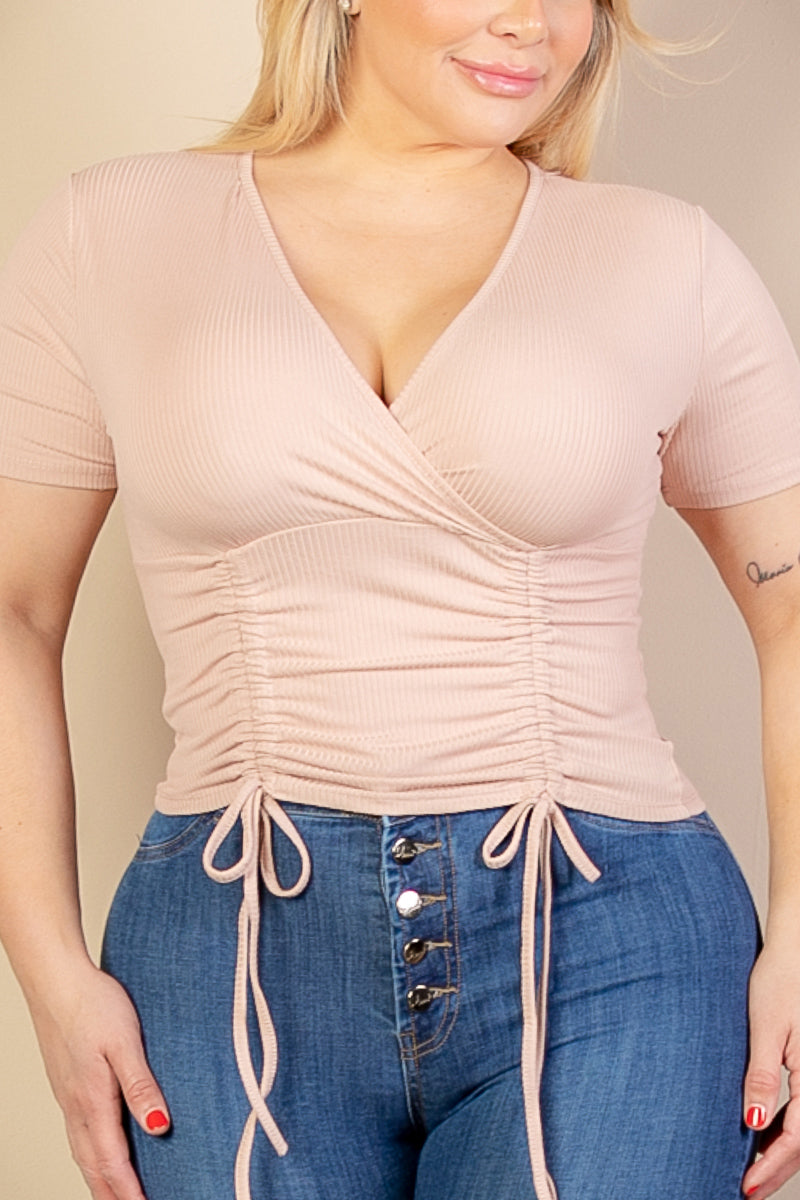 Plus Size Ribbed Ruched Drawstring Surplice Top (CAPELLA)