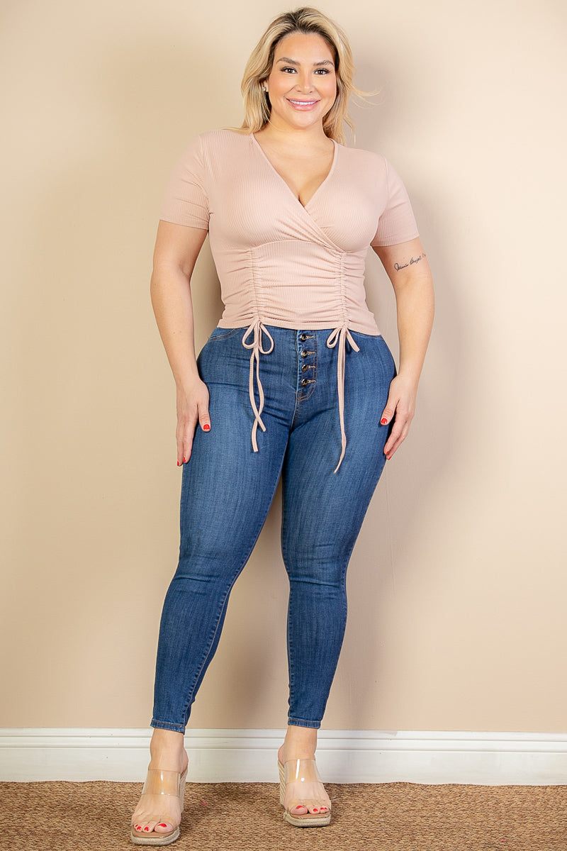 Plus Size Ribbed Ruched Drawstring Surplice Top (CAPELLA)