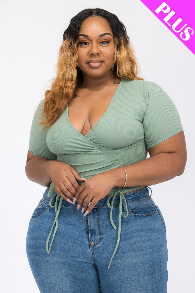 Plus Size Ribbed Ruched Drawstring Surplice Top (CAPELLA)