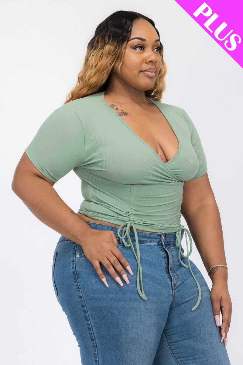 Plus Size Ribbed Ruched Drawstring Surplice Top (CAPELLA)
