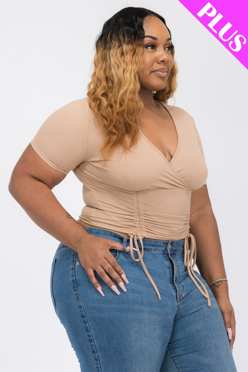 Plus Size Ribbed Ruched Drawstring Surplice Top (CAPELLA)