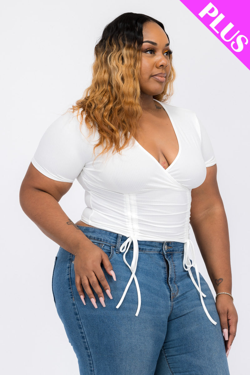 Plus Size Ribbed Ruched Drawstring Surplice Top (CAPELLA)