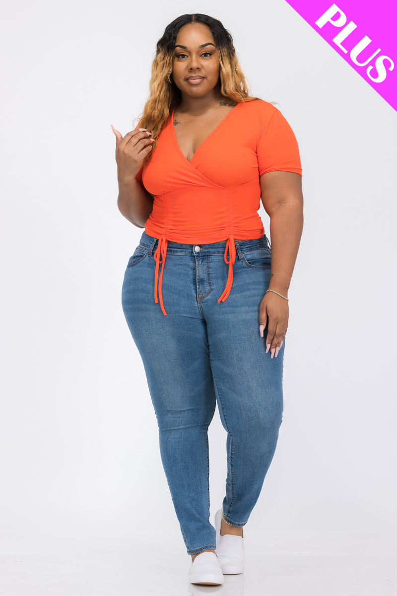 Plus Size Ribbed Ruched Drawstring Surplice Top (CAPELLA)